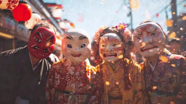 A group of people wearing traditional masks and kimonos stand on a busy Japanese street during a cultural celebration. Japanese decorations, confetti, and a festive atmosphere are featured