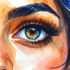 Watercolor-style portrait of an expressive eye with detailed lashes and vibrant blue and gold irises