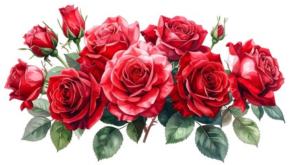 Watercolor-style roses in red, clustered with lush green leaves, presented on a white backdrop