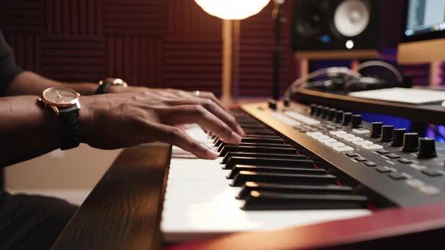 african american musician hands playing midi keyboard in professional recording studio. music production and creative lifestyle concept.