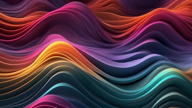 Curving color bands creating layered wave field luminous glow interaction futuristic abstract ambience cinematic surreal ethereal atmosphere cascading softly glowing layers