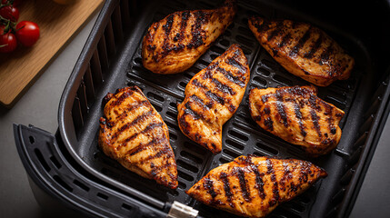 Grilled chicken breasts cooked in an air fryer