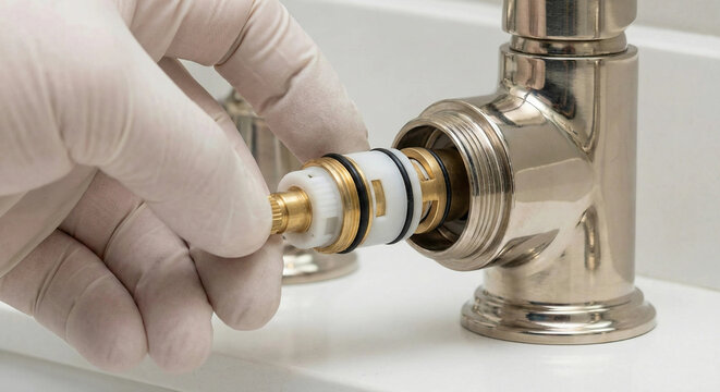 Hand replacing internal cartridge in bathroom faucet mixer valve
