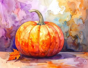 Watercolor-style still life painting of pumpkin with a curling stem and a fallen leaf on a mottled surface