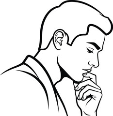 A minimalist black and white illustration depicts a man in profile thoughtfully posing with his hand to his chin