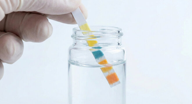 Gloved hand dipping chemical test strip into water sample vial