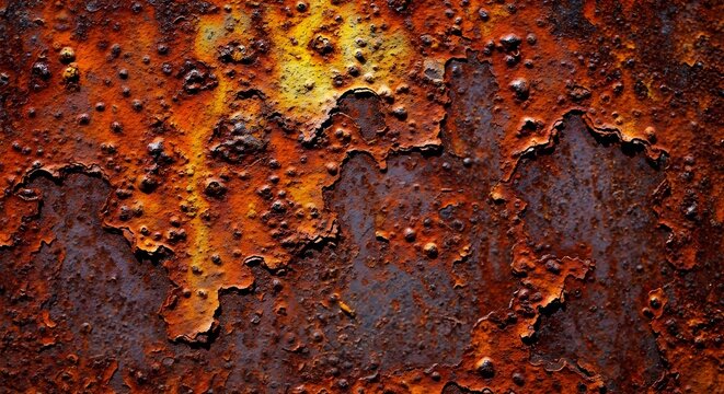 Close-up texture of rusted metal surface with peeling paint and corrosion, abstract background