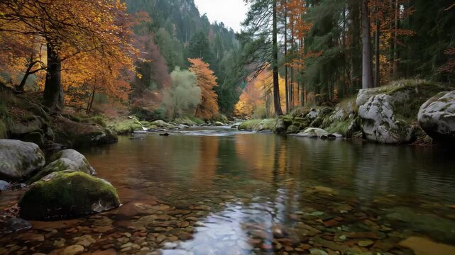A river flowing through a autumn forest