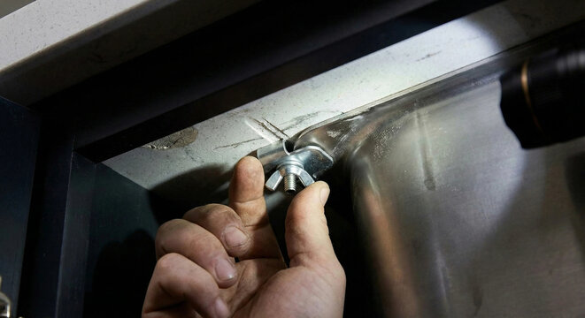 Hand tightening metal wing nut on sink fixing clip