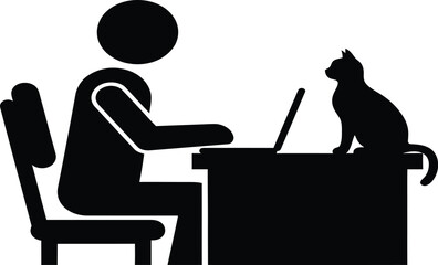 A simple black silhouette depicts a person working on a laptop with a cat nearby