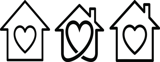 Three simple black and white house icons each containing a heart shape within their structure