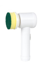 Handheld electric spin scrubber with a sponge attachment on a white background. Cordless cleaning tool for household hygiene.