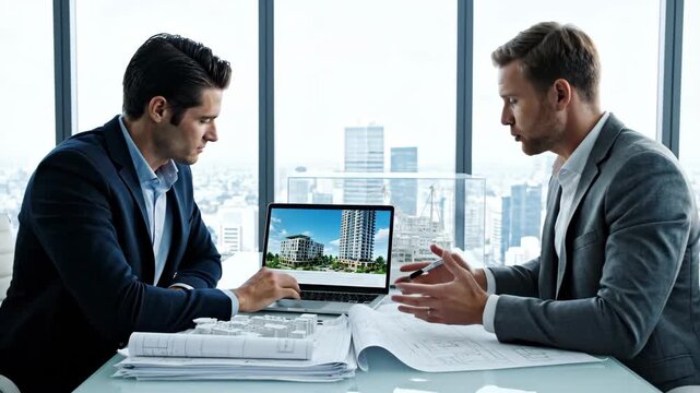 two caucasian businessmen discussing architectural project in modern office with city view. man pointing at building rendering on laptop screen. real estate development meeting. construction planning.