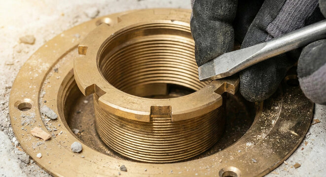 Worker adjusting brass floor drain fitting in concrete floor