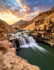 Waterfall cascades into a teal river, framed by rocky canyon walls under a colorful sky at sunset