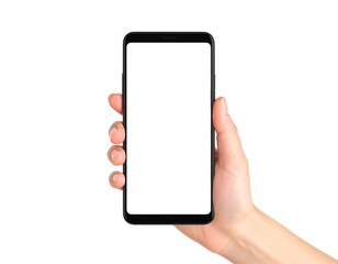 A hand holds a rectangular touchscreen device with a bright white display, set against a stark white background