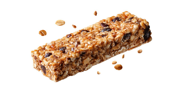 crunchy oat granola bar with nuts and dried fruit  floating crumbs high protein snack food isolated on white background