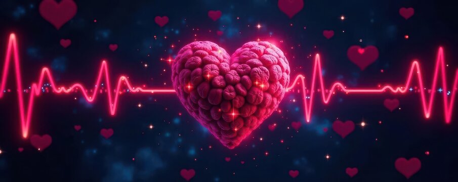 Abstract heart rhythm visualization; binary code streams, data points, binary, display