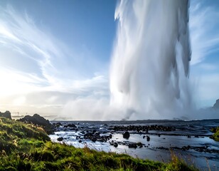 Waterfall sprays into the sky, blending with blue sky, from rocky shore with green grass in Iceland