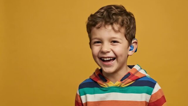 cheerful caucasian kid wearing blue hearing aid and striped hoodie laughing against yellow backdrop. inclusive childhood and deafness concept. healthcare background copy space.