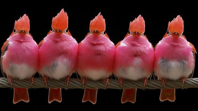 Five vibrant pink birds with spiky crests, perched on a wire against a stark black background