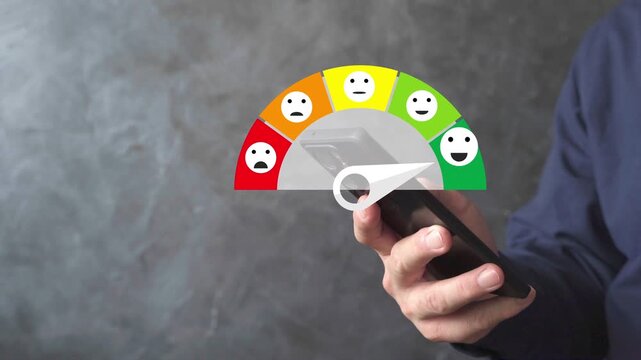 Businessman holding smartphone with NPS net promoter score gauge and emoticons. Concept of customer satisfaction survey, feedback rating, service quality, loyalty and experience analytics.