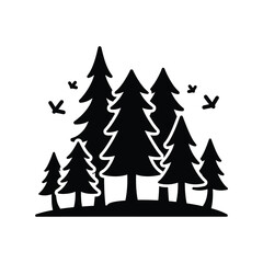 Obraz premium Forest silhouette featuring pine trees and flying birds