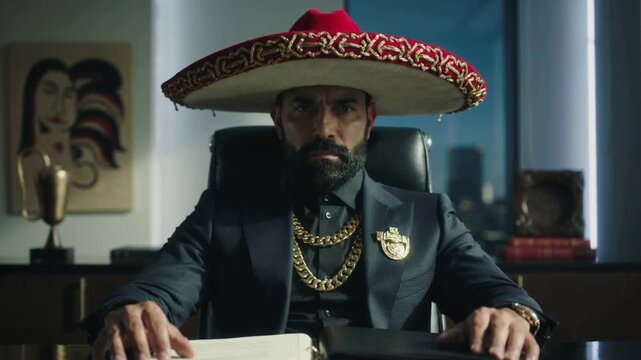 A stylish and confident businessman wearing a sombrero and gold jewelry sits at his office desk, exuding luxury and success. The city skyline shines through the window behind him. Mexican cartel