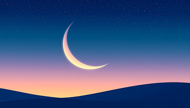 Crescent moon over minimalist desert landscape with gradient sky, calm night scene illustration