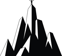 A minimalist black silhouette depicts a person balancing atop a sharply peaked mountain range