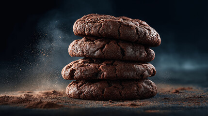 Luxury chocolate cookies captured in dark premium style.