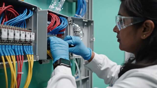 A cinematic slow-motion view of technical junction boxes featuring intricate wiring and advanced fiber optic cable connections displayed at a professional industrial technology expo in 4K.