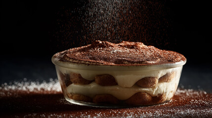 Luxury tiramisu styled with dark cinematic elegance.
