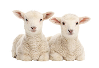 Fototapeta premium Two white baby lambs with pink ears sitting side by side, isolated on a transparent background