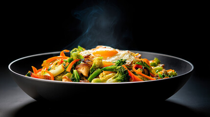 Luxury vegetable stir fry styled in dark cinematic mood.