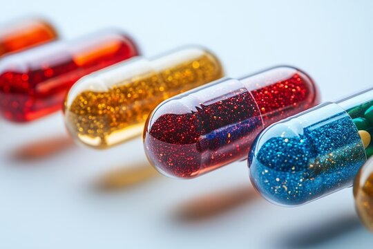 Floating capsule over blurred pills, clean minimal medical visual for telemedicine apps, pharmacies and wellness campaigns.