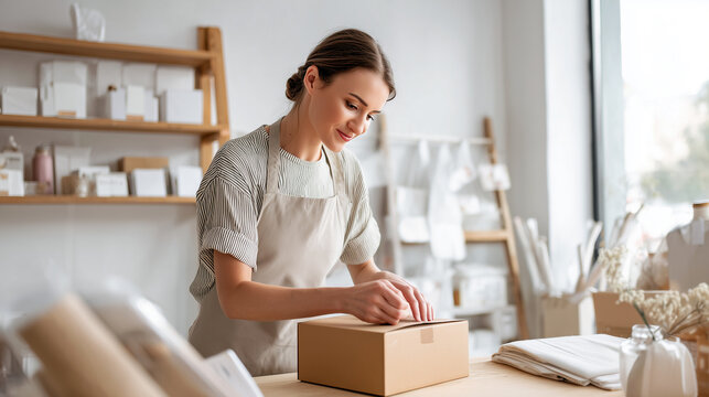 Woman sealing cardboard box small business owner workspace apron packing order. Entrepreneur preparing product shipment online store. E-commerce fulfillment delivery concept bright clean interior.
