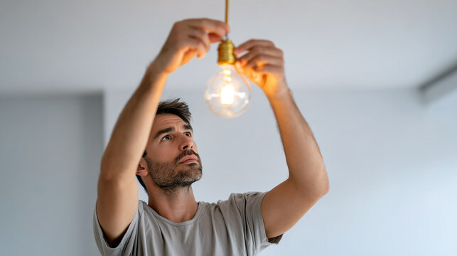 Man installing light bulb, changing ceiling lamp fixture at home. DIY electrical work, home improvement, maintenance concept. Homeowner doing renovation, fixing lighting indoors. Handyman task.