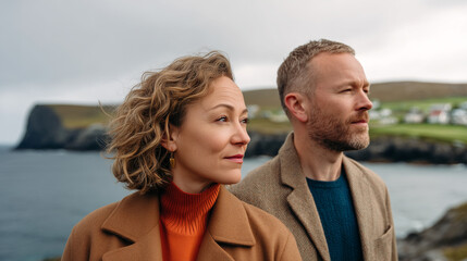 Obraz premium Couple standing ocean coast looking horizon peaceful moment together. Man woman contemplating sea landscape autumn coats. Travel mindfulness gratitude awareness nature lifestyle vacation concept.