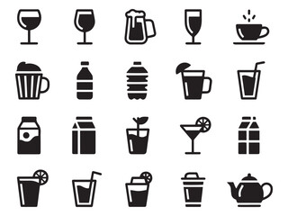 Diverse collection of 20 glyph style drink icons for food and beverage branding projects