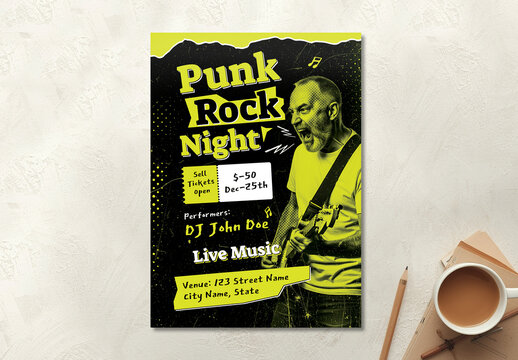 Punk Rock Music Night Event Flyer Design Template with Grunge Texture