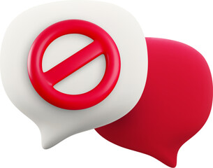 Vector cartoon minimal 3d white and red speech bubble with prohibition sign. Realistic render block message icon, Ban or stop chatting button, dangerous communication symbol, social media restriction.