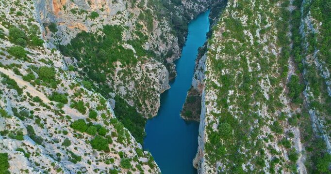 Aerial view of Gorges Du Verdon and Galetas Bridge, Magnificent Nature. Aerial journey above Verdon Gorge, where rugged mountains meet the emerald river below