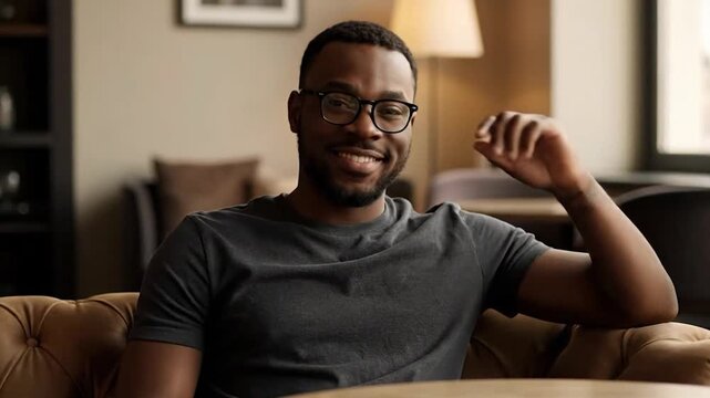 Smiling man in glasses leans back on a brown tufted sofa indoors