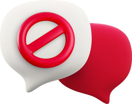 Vector cartoon minimal 3d white and red speech bubble with prohibition sign. Realistic render block message icon, Ban or stop chatting button, dangerous communication symbol, social media restriction.