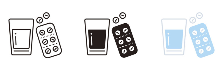 薬のアイコンセット。グラスと錠剤。薬局、ヘルスケア、飲み薬。Medicine icon set.