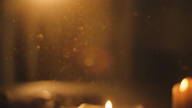 Slow motion organic dust particles floating in warm candlelight creating cozy indoor ambience atmosphere mood