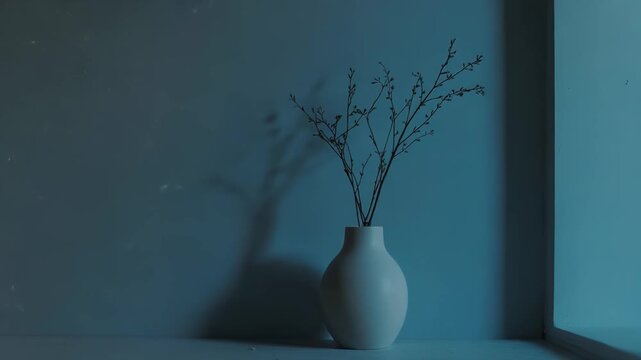 White ceramic vase with delicate dry plant branches stands on a bright surface, creating an elegant shadow pattern on the wall, emphasizing simplicity and natural light in a calm composition