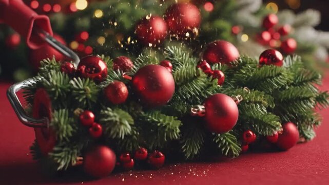 Cinematic slow motion shot of a creative paint roller decorated with green fir branches and red festive Christmas ornaments against a scarlet backdrop for holiday renovation DIY decor.
