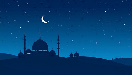 Beautiful mosque silhouette landscape under a night sky with crescent moon and stars. Peaceful Islamic background suitable for Ramadan, Eid Mubarak, religious events, prayer themes, banners, posters, 